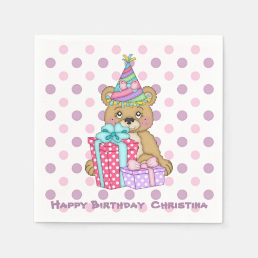 Serviette En Papier Lavender Polkadot Ours Enfant's Birthday (Devant)