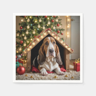 Serviette En Papier Le Basset de Noël dans une niche