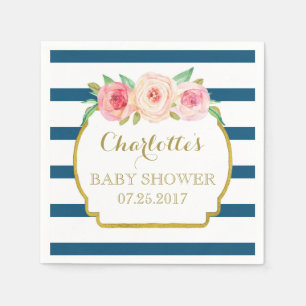 Serviette En Papier Le bleu marine barre le baby shower floral rose