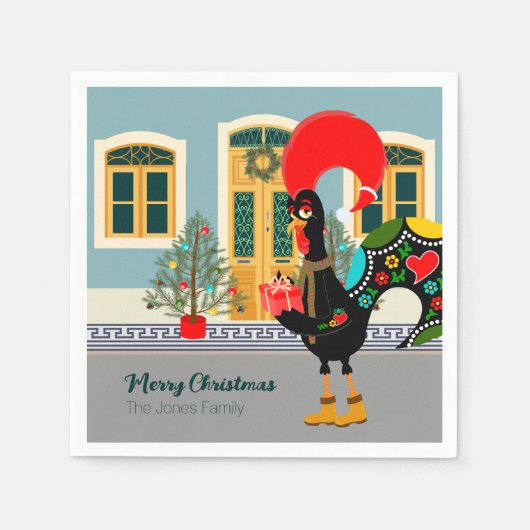 Serviette En Papier Le coq portugais avec un cadeau de Noël (Devant)