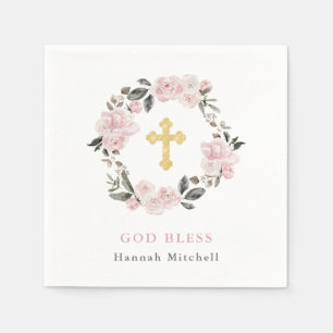 Serviette En Papier Le cru rougissent baptême rose floral et d'or de