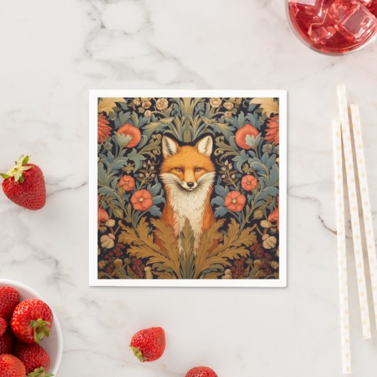 Serviette En Papier Le renard et les fleurs rouges style Art nouveau (En situation)