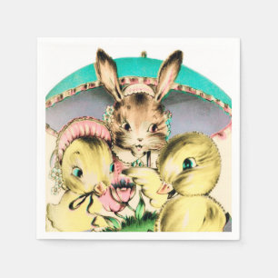 Serviette En Papier Le rétro lapin et les poussins de Pâques vintage