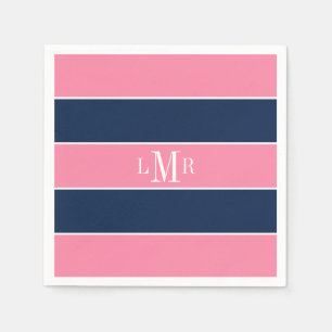Serviette En Papier Le rugby rose et bleu barre le monogramme de 3