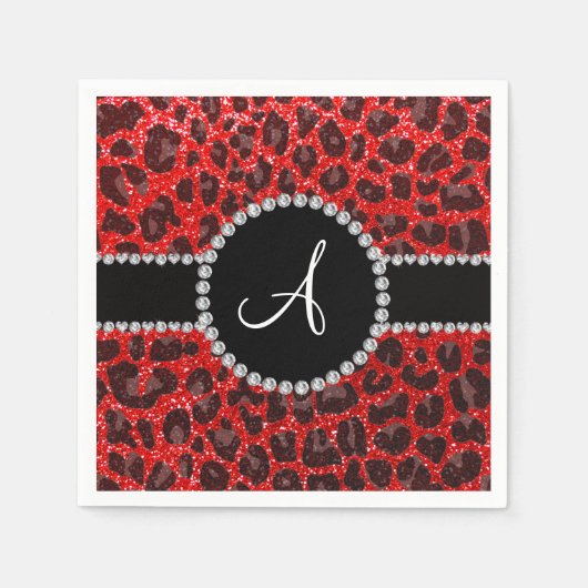 Serviette En Papier Léopard à parties scintillant rouge de monogramme (Devant)