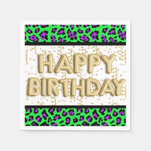 Serviette En Papier Leopard Purple Green Gold Joyeux anniversaire (Devant)