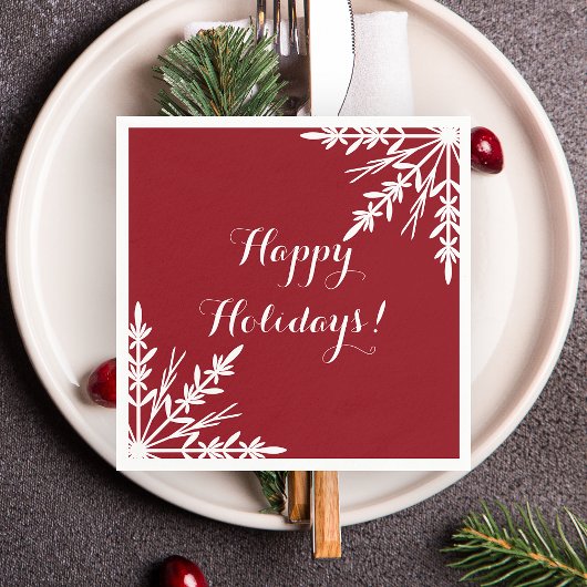 Serviette En Papier Les flocons blancs d'hiver sur Red Happy Holidays