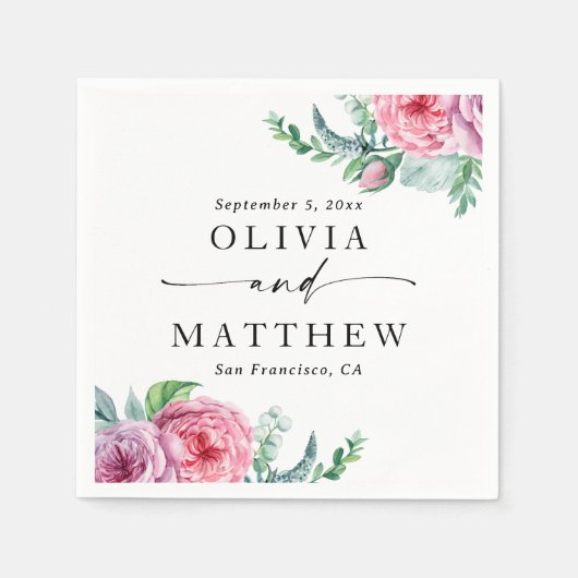 Serviette En Papier Les pivoines aquarelles. Élégant mariage à fleurs  (Devant)