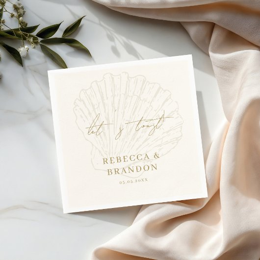 Serviette En Papier Let's Toast Ivory & Gold Seashell Coastal Wedding