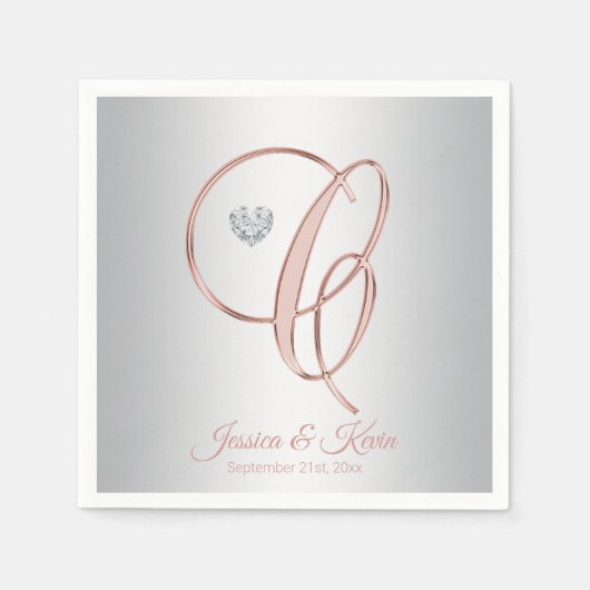 Serviette En Papier Lettre élégante C Rose gris argent Mariage or (Devant)