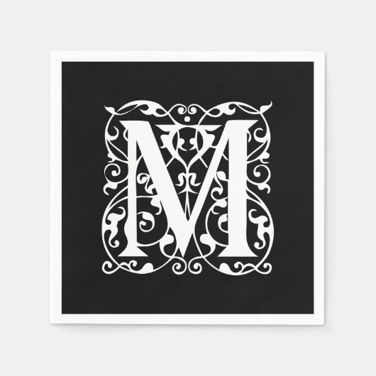 Serviette En Papier Lettre élégante M Blanc sur Monogramme noir (Devant)
