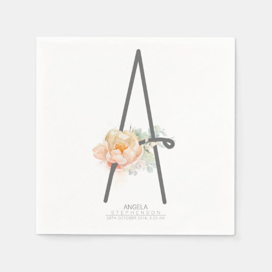 Serviette En Papier Lettre Monogram Blush Peach Floral CR (Devant)