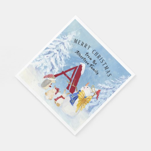 Serviette En Papier Lettre monogramme A Joyeux Noël Angel Snowman (Coin)