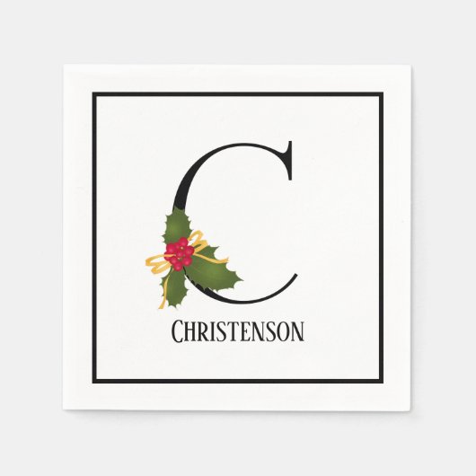 Serviette En Papier Lettre Monogramme C Holiday Holly Papier personnal (Devant)