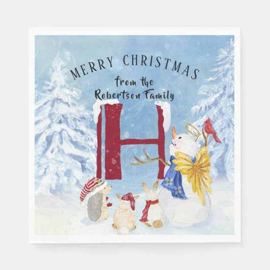 Serviette En Papier Lettre monogramme H Arbres d'hiver Noël Snowman (Devant)