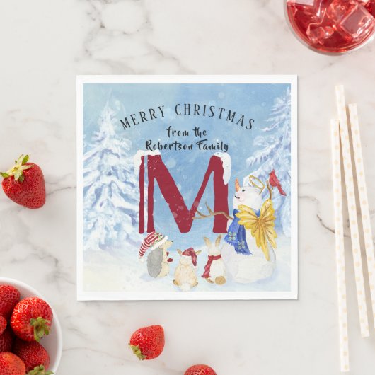 Serviette En Papier Lettre monogramme M Angel Snowman Noël (En situation)