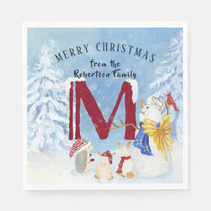 Serviette En Papier Lettre monogramme M Angel Snowman Noël