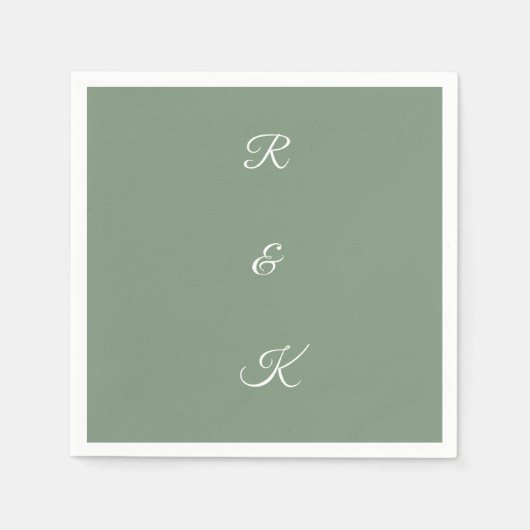 Serviette En Papier Lettres Monogrammes Vert Sage Blanc Mariage Élégan (Devant)