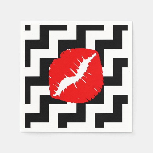 Serviette En Papier Lèvres rouges sur Zigzag noir et blanc (Devant)