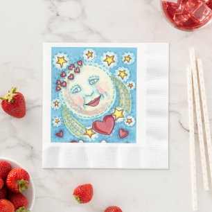 SERVIETTE EN PAPIER L'HOMME DE VALENTINE DANS LA LUNE, ÉTOILES ET COEU