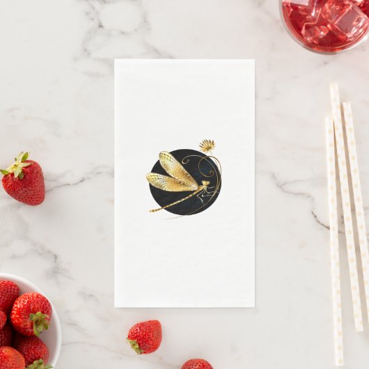 Serviette En Papier libellule d'or en cercle noir (En situation)