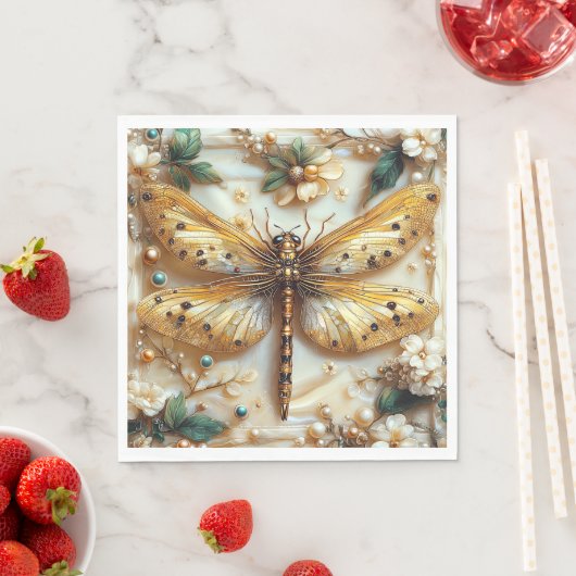 Serviette En Papier Libellule élégante Fleur Or Métallisé Gemmes Perle (En situation)