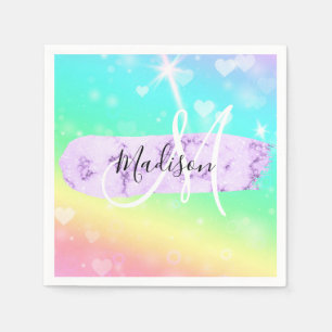 Serviette En Papier Licorne Arc-en-Ciel Cœurs Monogramme Coloré Fémini
