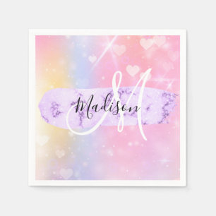 Serviette En Papier Licorne Arc-en-ciel Cœurs Monogramme Coloré Fémini
