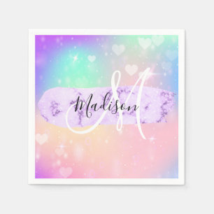Serviette En Papier Licorne Arc-en-Ciel Cœurs Monogramme Féminin Color