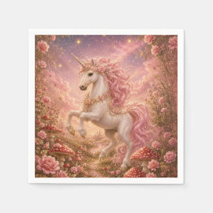 Serviette En Papier Licorne cabriolant dans une prairie enchantée