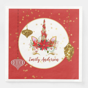 Serviette En Papier Licorne de Noël visage fête filles rouge or