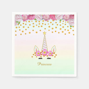 Serviette En Papier Licorne, Fleurs Roses & Confettis Dorés