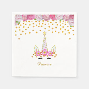 Serviette En Papier Licorne, Fleurs Roses & Confettis Dorés