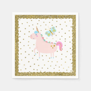 Serviette En Papier Licorne Rose et Or Glitter pour l'anniversaire des