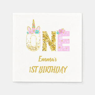 Serviette En Papier Licorne Rose Pailletée Or 1er Anniversaire 
