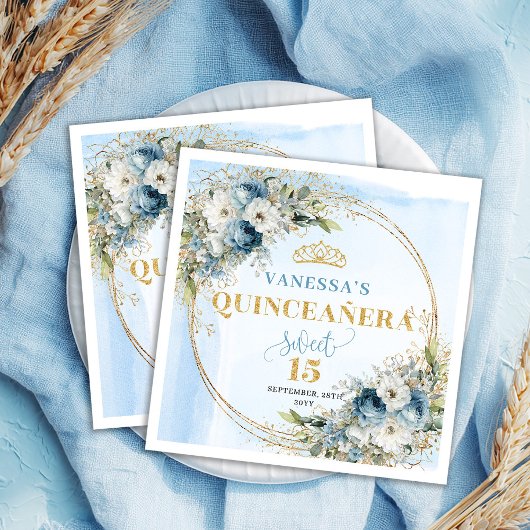 Serviette En Papier Light Blue Boho Floral Gold Glitter Quinceañera 