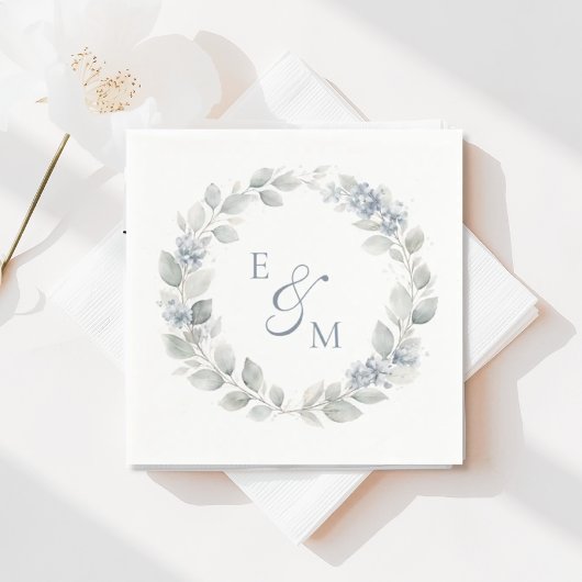 Serviette En Papier Light Blue Floral Wreath Wedding Napkin