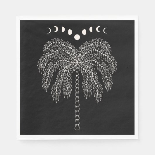 Serviette En Papier Ligne de palmier dessin blanc noir phases de lune (Devant)