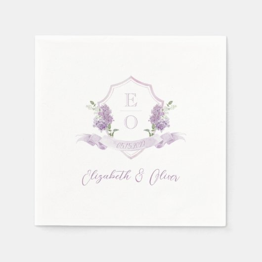 Serviette En Papier Lilac Floral Monogram Crest Mariage (Devant)