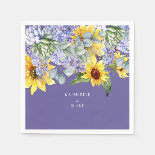 Serviette En Papier Lilac & Sunflower Mariage Nom de couple (Devant)