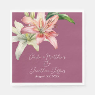 Serviette En Papier Lilies roses et blanches romantiques sur fuchsia