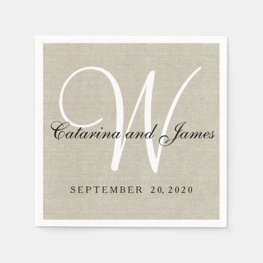 Serviette En Papier Lin Beige Rustique Monogramme Papier Mariage servi (Devant)