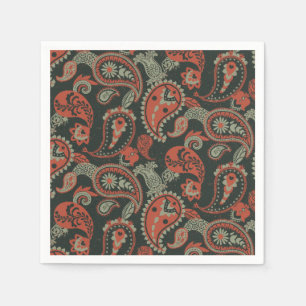 Serviette En Papier Linocut Traditionnel Paisley Chaud Orange Mint Ver