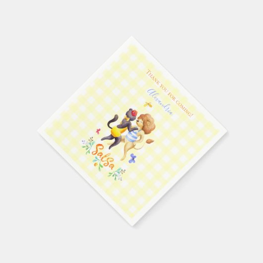 Serviette En Papier Lions Bois Mignonnes Dansant Salsa En vichy Jaune (Coin)