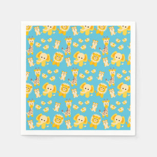 Serviette En Papier Lions Éléphants Safari animaux bleus jaunes