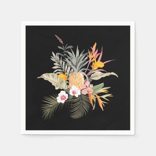 Serviette En Papier Liquide d'hibiscus d'ananas tropical sur noir (Devant)