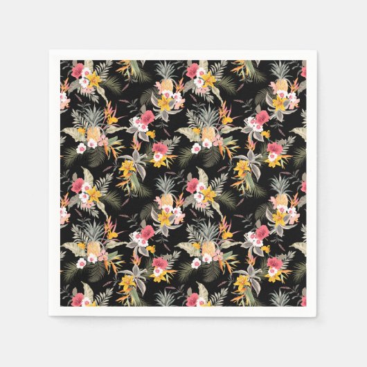 Serviette En Papier Liquide d'hibiscus d'ananas tropical sur noir (Devant)