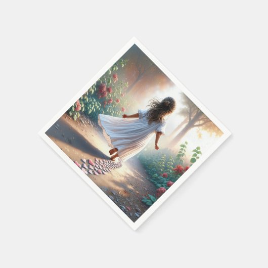 Serviette En Papier Little Girl Running On a Pink Heart Path (Coin)