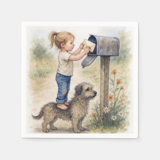 Serviette En Papier Little Girl Standing On a Dog To Mail a Letter (Devant)