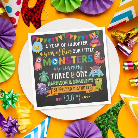 Serviette En Papier Little Monster Chalkboard 1er et 3e anniversaire c
